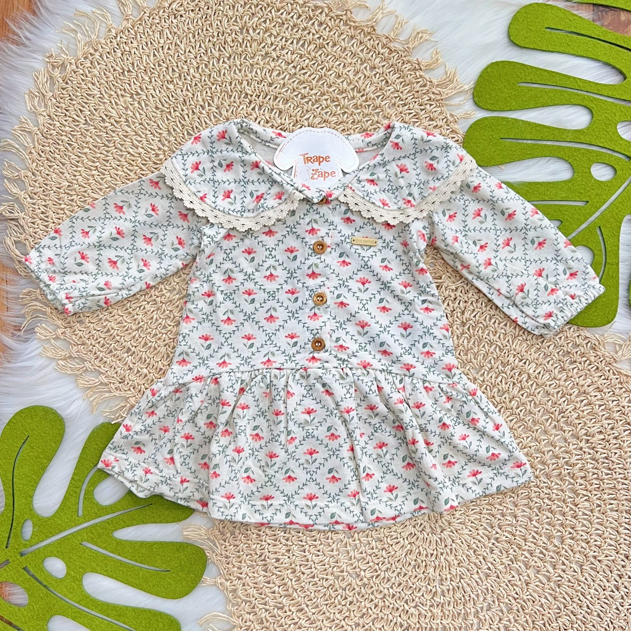 Vestido Manga Longa Florido com Gola Grypir - Areia